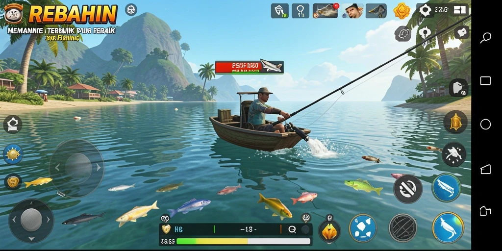 Tampilan gameplay REBAHIN yang menakjubkan saat memancing di danau.