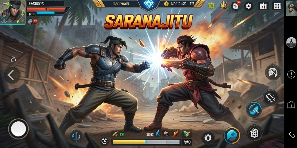 Gameplay mendebarkan dalam SARANAJITU saat bertarung melawan lawan.