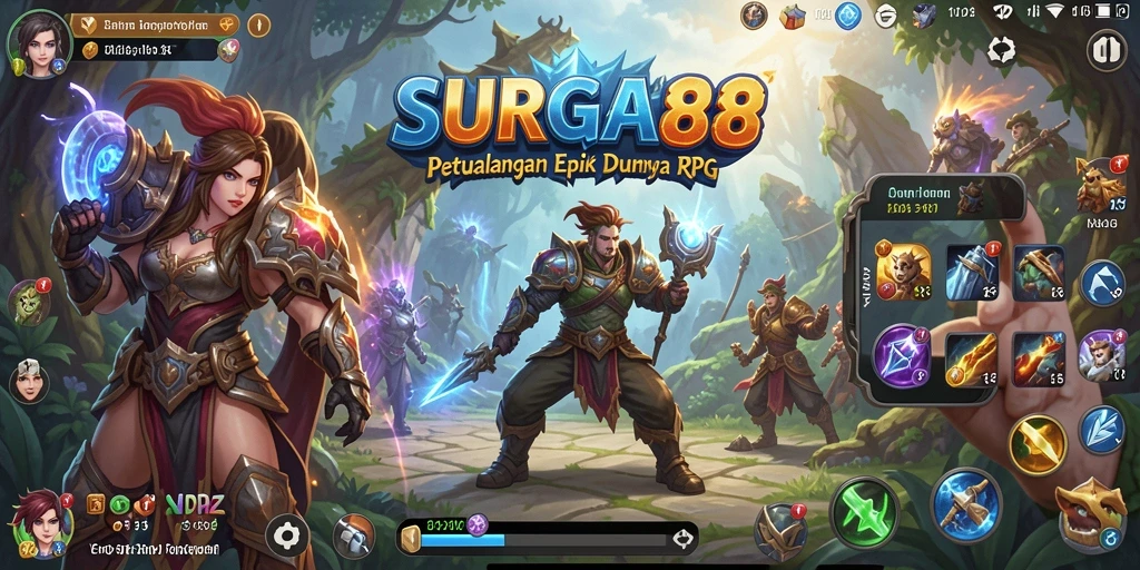 Screenshot gameplay SURGA88 menampilkan pertarungan epik karakter RPG.